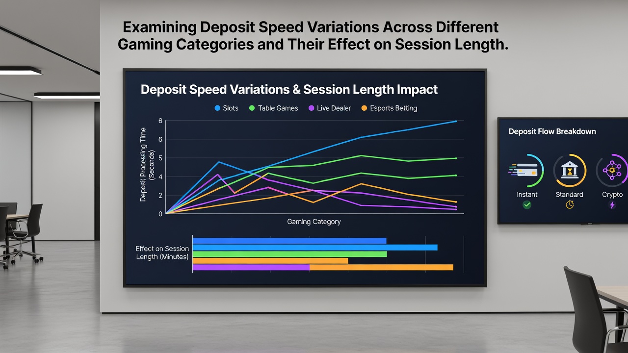 Analytics dashboard displaying session duration metrics by gaming category and deposit method speed in European markets