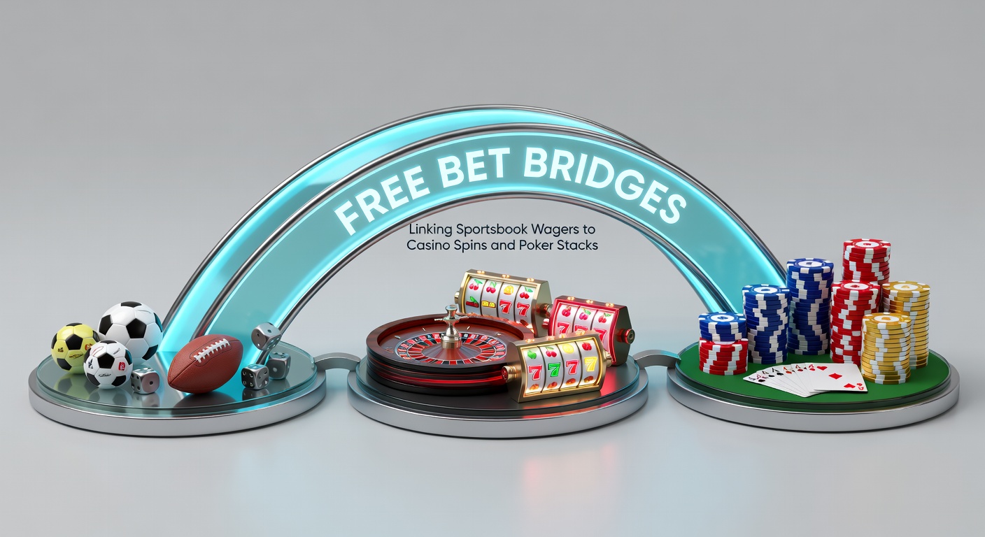 Graphic showing interconnected sportsbook bets flowing into casino slots and poker chips, illustrating cross-platform promotions