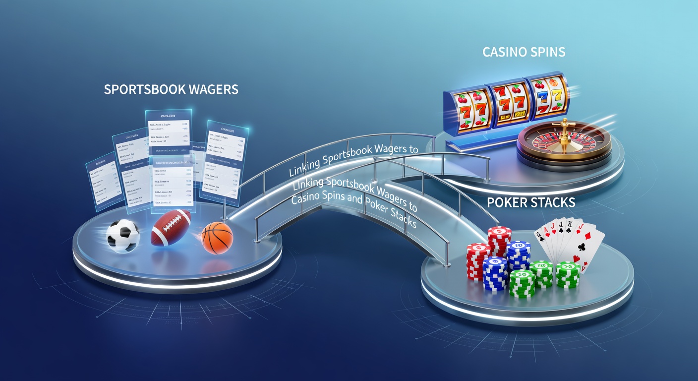 Screenshot of a hybrid platform dashboard displaying free bet bridge progress, with sportsbook wagers converting to casino spins and poker stacks