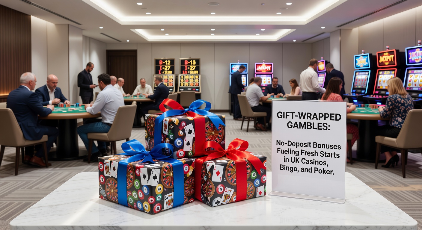 Poker table digital render with no-deposit bonus chips stacked high alongside bingo wheels and casino reels