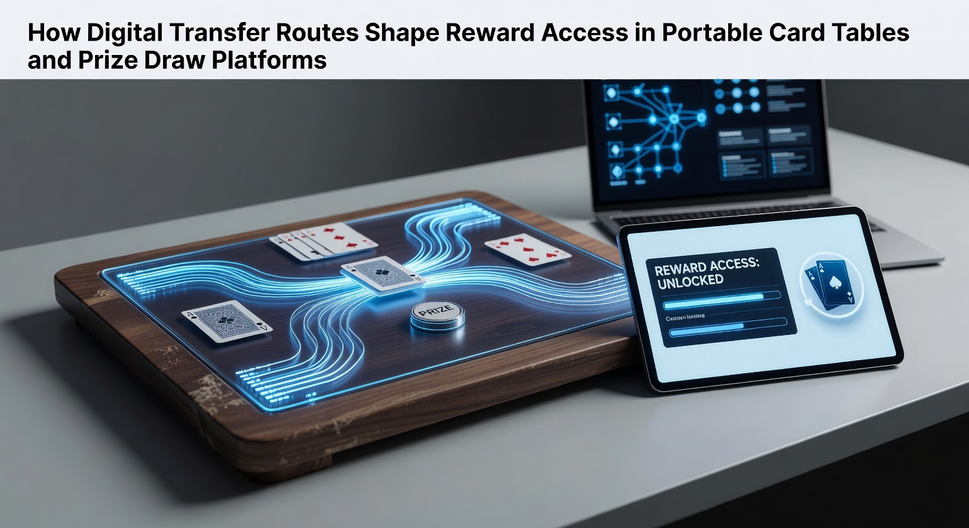 Illustration of digital payment routes connecting portable card tables to reward systems on mobile devices