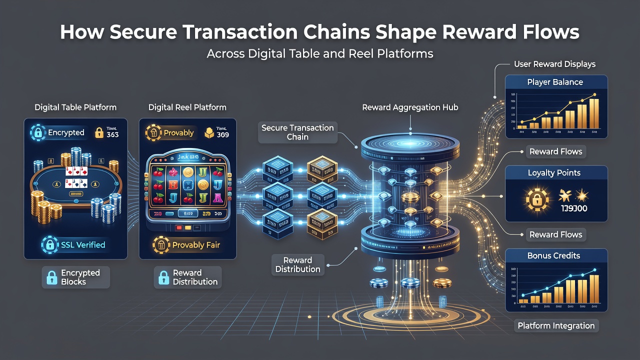 Digital interface displaying reward flow tracking through secure transaction chains on casino platforms
