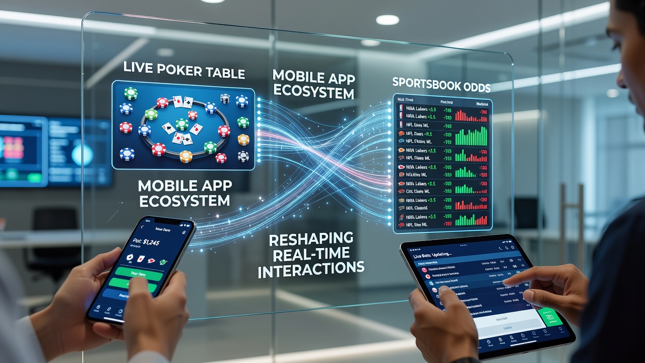 Close-up of synchronized mobile dashboard displaying poker action, changing sportsbook odds, and rising bingo jackpot
