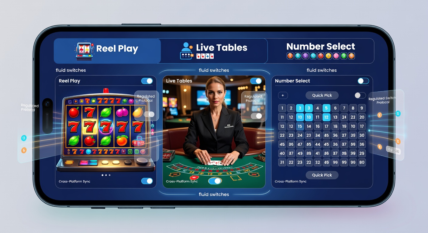 Mobile screen showing seamless transition options between slot reels, live dealer tables, and bingo number grids in a regulated app interface