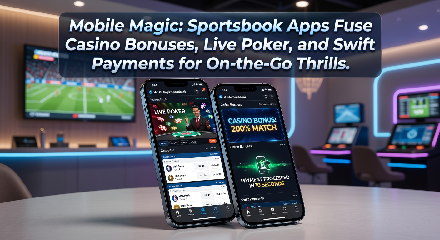Smartphone screen displaying a vibrant sportsbook app with live poker tables, casino bonus offers, and quick payment options in action