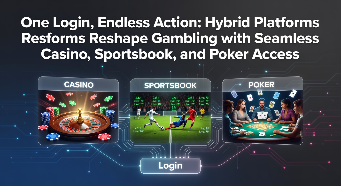 Screenshot of a hybrid gambling platform dashboard showing casino games, sportsbook odds, and poker tables accessible from one login screen