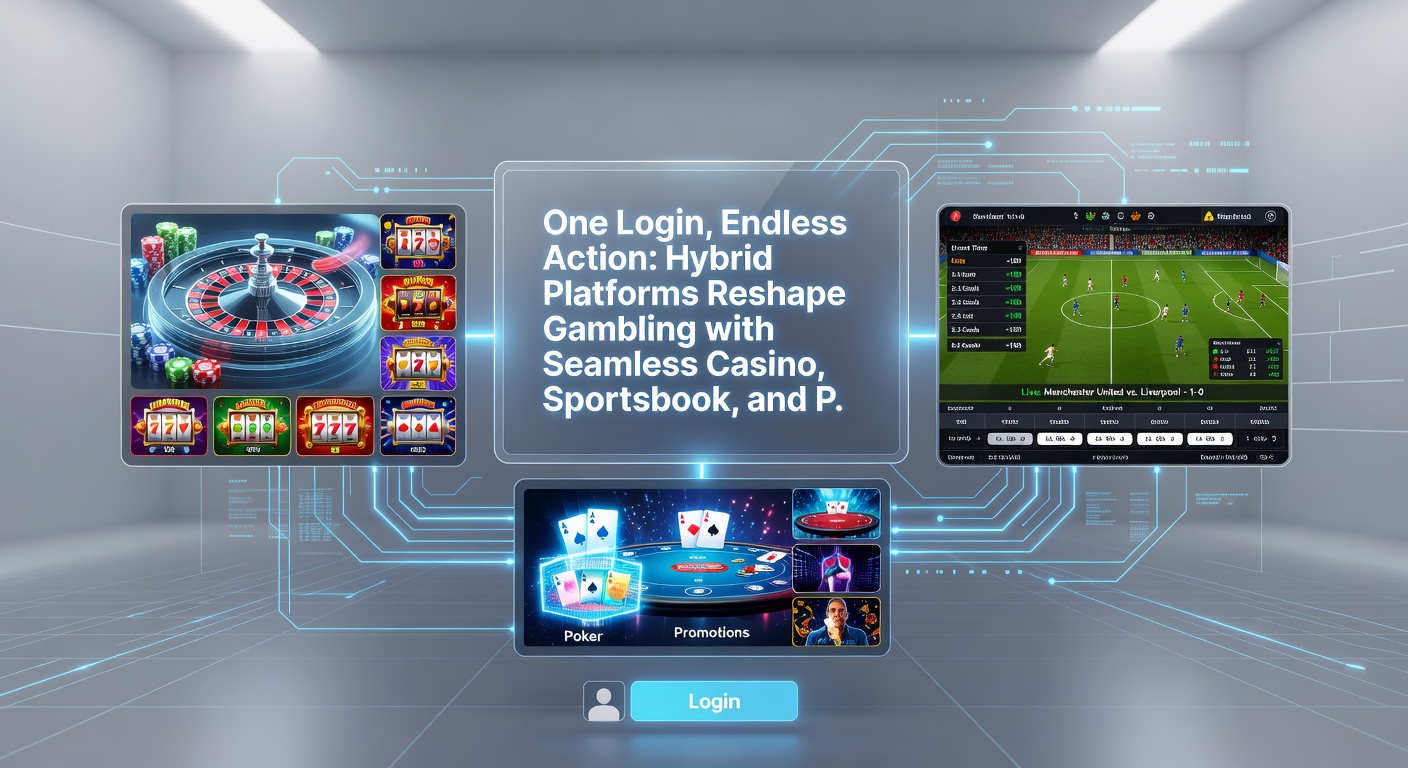 Infographic illustrating user flow on a hybrid platform: single login leading to tabs for casino games, live sports betting, and multiplayer poker lobbies