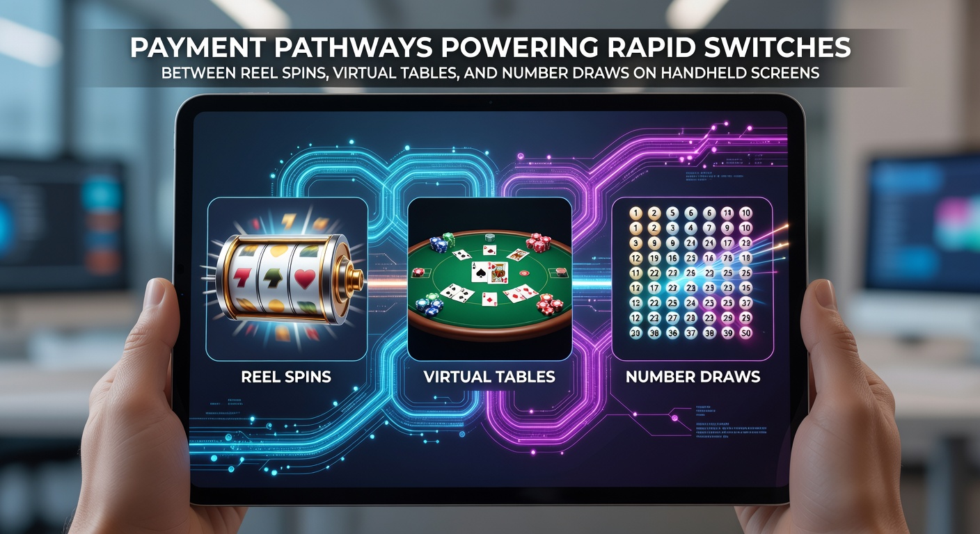 Mobile device displaying seamless transitions between slot reels, virtual poker tables, and bingo number draws powered by instant payment systems