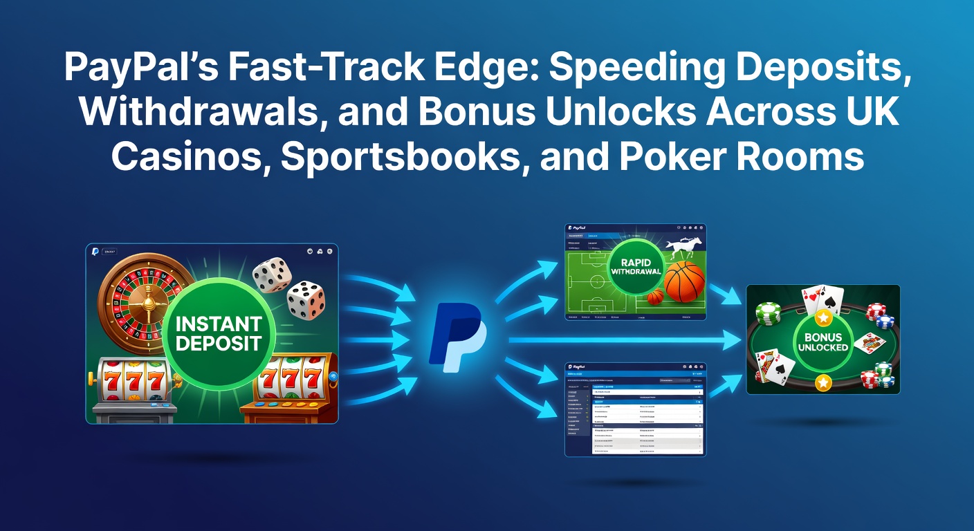 Dynamic illustration of PayPal speeding through casino slots, sportsbook odds, and poker tables with lightning bolt effects