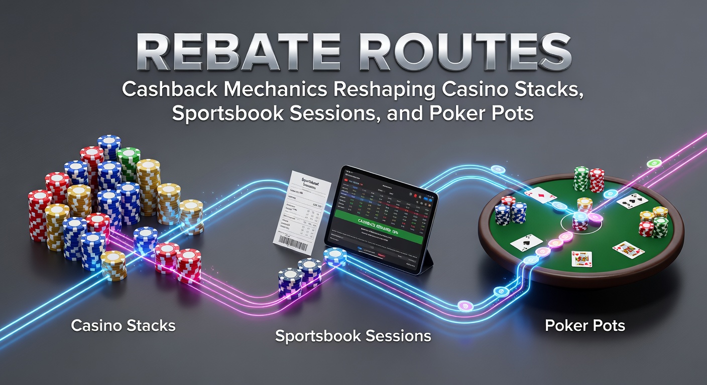 Vibrant graphic showing cashback rebates flowing back into casino chips, sportsbook tickets, and poker pots, illustrating rebate mechanics in action