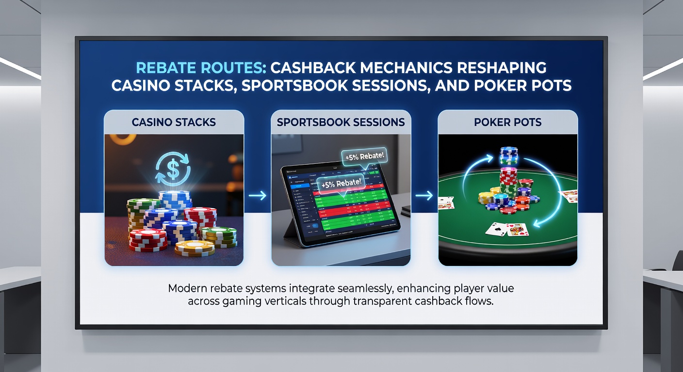Dynamic infographic depicting rebate flows in sportsbooks, with arrows showing cashback returning to betting slips amid live match action