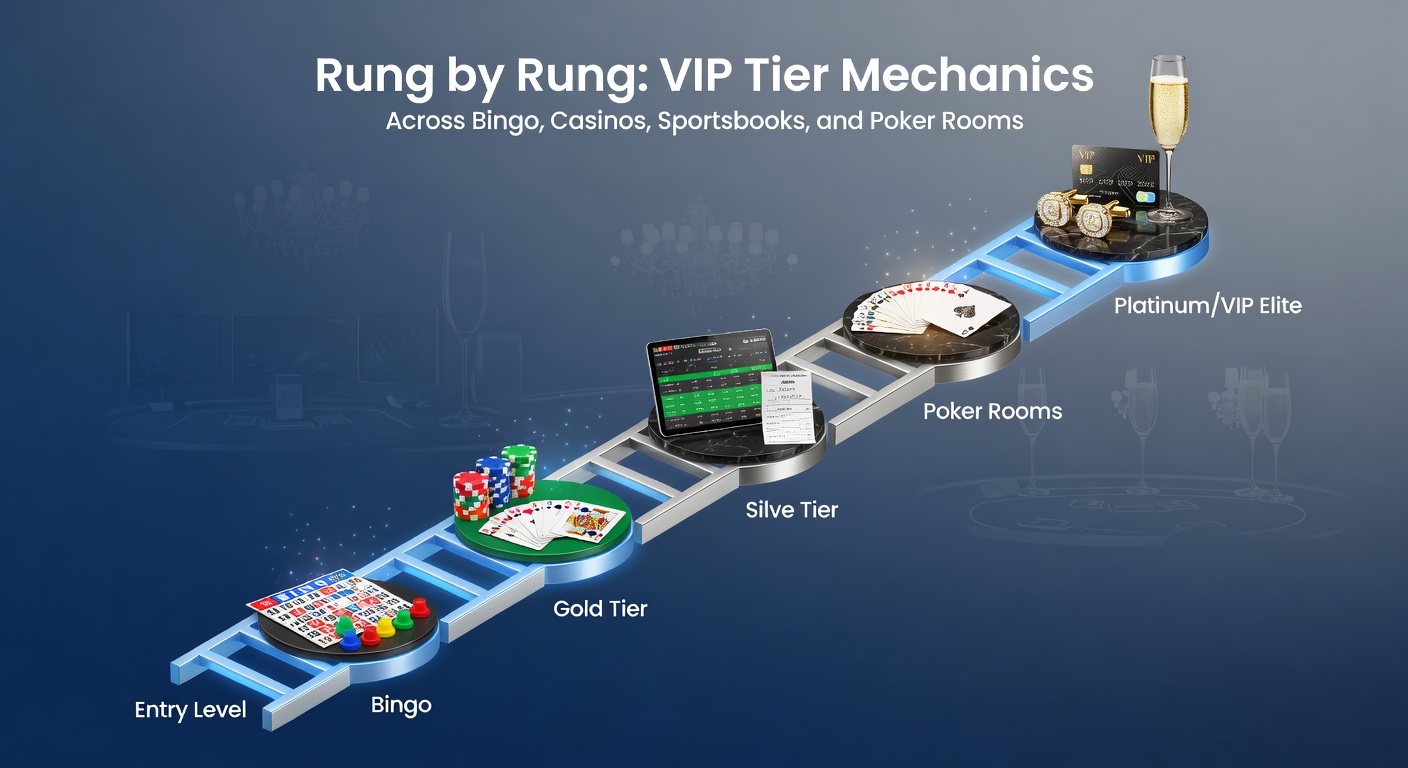 Graphic illustration of a multi-tiered VIP ladder spanning bingo cards, slot reels, sports betting slips, and poker chips, symbolizing progression across gambling platforms