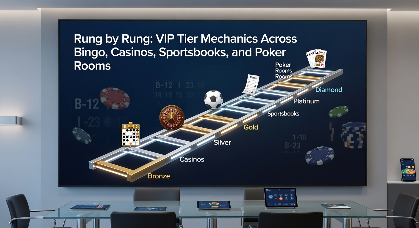 Close-up of a casino VIP card displaying tier progression badges, surrounded by glowing slot machine symbols and roulette wheels