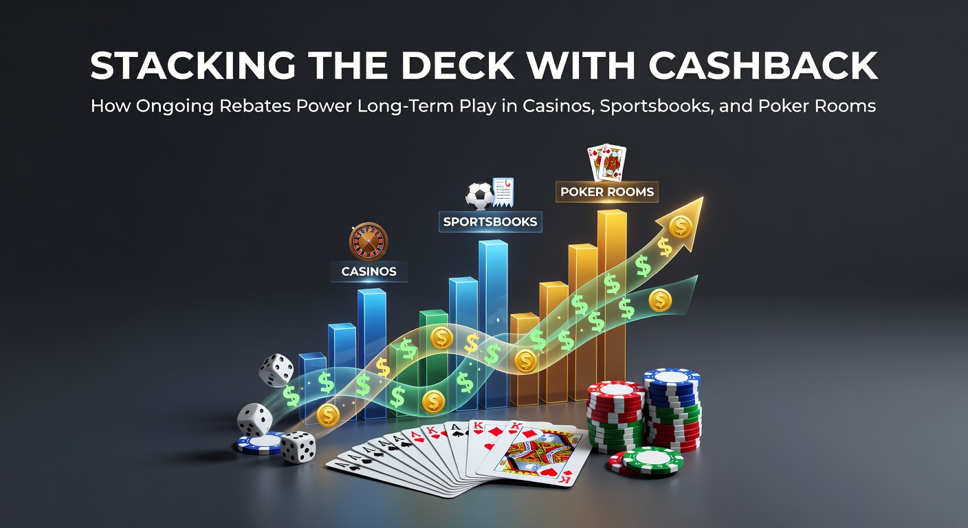 Digital graphic showing stacked casino chips with cashback symbols overlayed, representing rebates fueling extended gameplay sessions across slots, sports bets, and poker tables