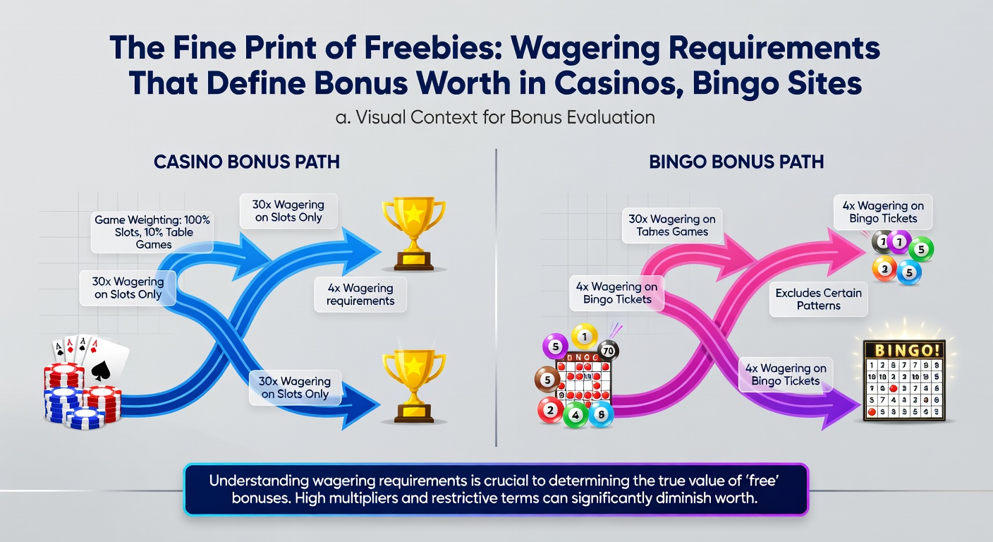 Infographic breaking down wagering requirement calculations for a casino bonus, showing step-by-step math from deposit to cashout with icons for slots, bingo cards, and sports bets