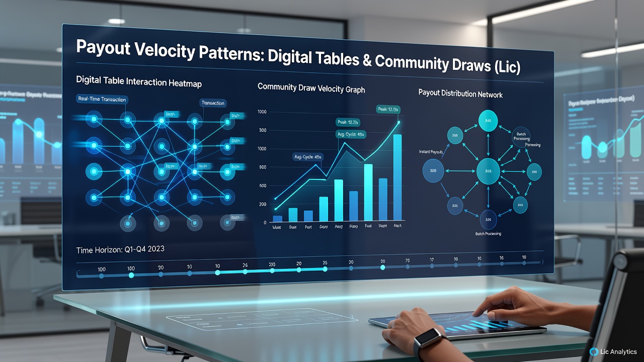 Analytics dashboard displaying payout velocity metrics for remote table games and community draws