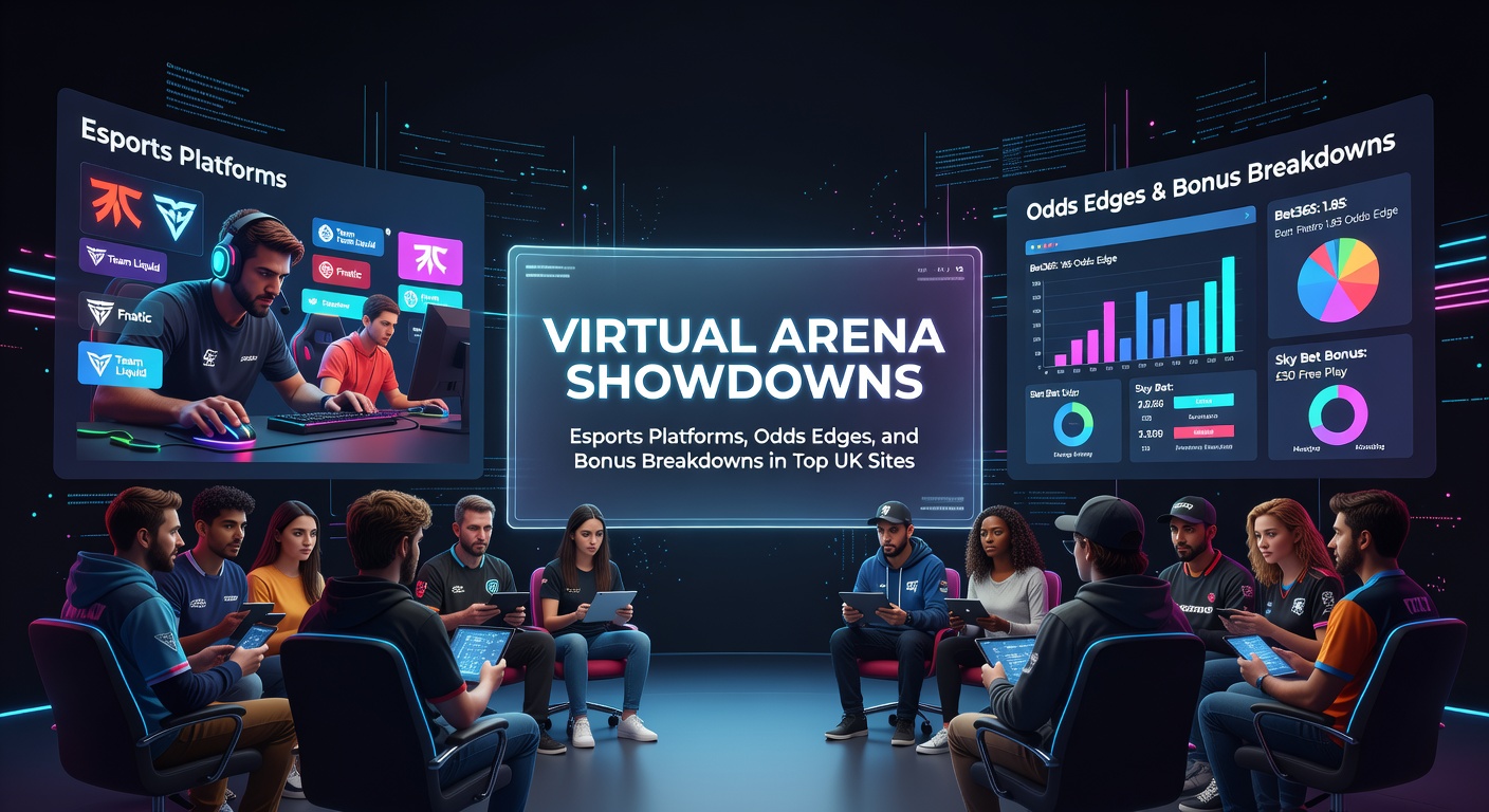 Dynamic esports arena with glowing screens showing live matches and betting interfaces on UK platforms